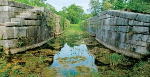 Lock 16 hand cut limestone of the original Erie Canal preserved Saint St Johnsville New York on the Mohawk River