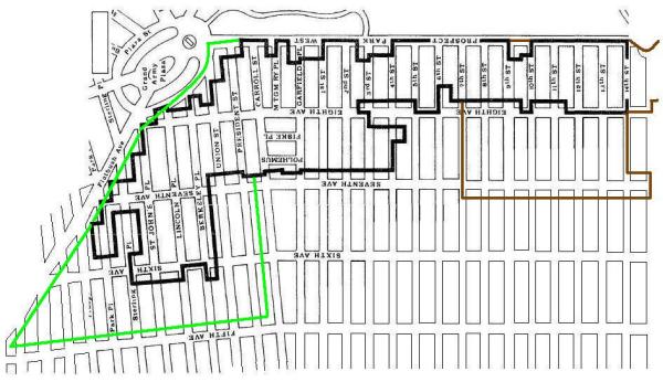 Black = existing historic district, Green = expanded historic district, Brown = desired "North Slope" historic district