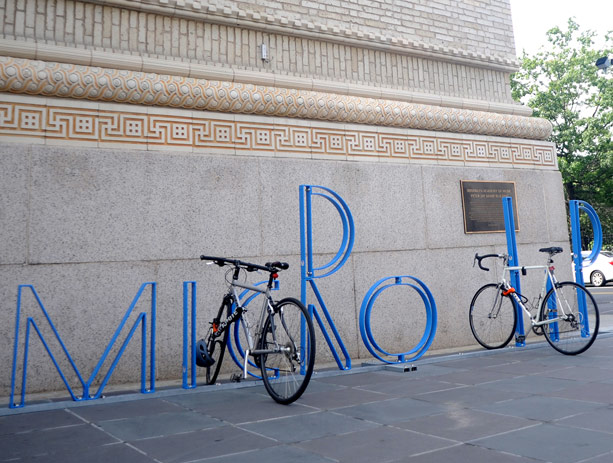 Mr. Byrne's other bike rack—this one spelling "MICRO LIP"—outside the Brooklyn Academy of Music. (bam.org)