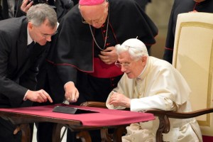 The Pope sends his first ever tweet from an iPad at the Vatican in December. (Getty Images)
