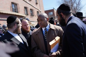 Senator Adams at a news conference with Brooklyn's Orthodox Jewish community this week. (Photo: Getty