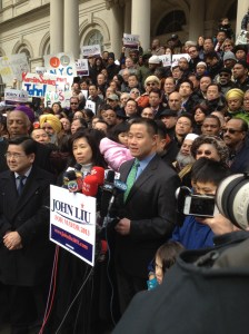 John Liu standing in front of City Hall today. 
