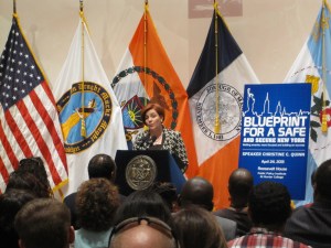 Christine Quinn outlined her public safety proposals in a speech on Wednesday. (Photo: Jill Colvin)