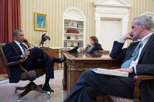 President Barack Obama talks on the phone with FBI Director Robert Mueller to receive an update on the explosions that occurred in Boston, in the Oval Office, April 15, 2013. Seated with the President are Lisa Monaco, Assistant to the President for Homeland Security and Counterterrorism, and Chief of Staff Denis McDonough. (Official White House Photo by Pete Souza)