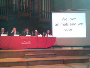 Mayoral candidates clash at an animal rights forum yesterday. 