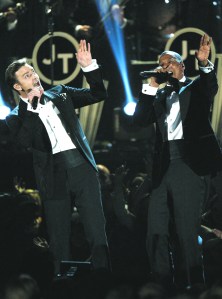 Justin Timberlake, left, with Jay-Z. (Kevork Djansezian/Getty Images)