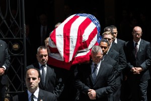 The casket of New Jersey Sen. Frank Lautenberg is carried out of the Park Avenue Synagogue after his funeral. (Photo: Andrew Burton/Getty Images)