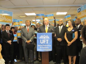 Michael Mulgrew announces the UFT's endorsement at its headquarters Wednesday.