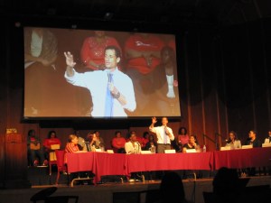 Anthony Weiner on stage at the charter school forum.