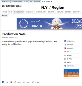 A Screenshot of the original New York Times story after it was inadvertently posted. 
