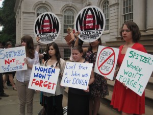 The National Galvanization of Women protested Spitzer's candidacy.