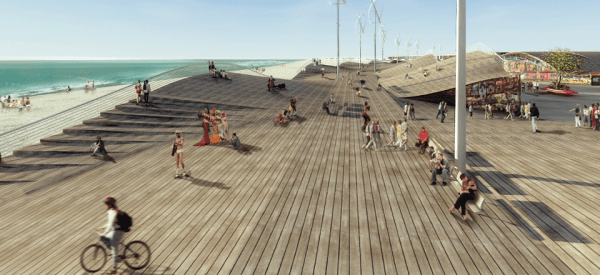 Seeding Office's design includes a wavy boardwalk and windmills.