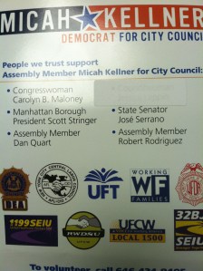A sheet touting Assemblyman Micah Kellner's council endorsements. Councilwoman Jessica Lappin's appears covered up.