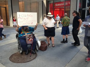 Protesters gather outside Rolling Stone offices. (Photo credit: Kara Bloomgarden-Smoke)