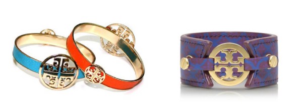 (L): Lin & J bracelets bearing the "Isis Cross" design, which Tory Burch has deemed a counterfeit version of her brand's own trademark. (R): The Tory Burch Skinny Double Snap bracelet, featuring the "TT" logo.