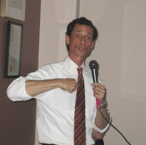 Anthony Weiner speaking at a debate in Jackson Heights.