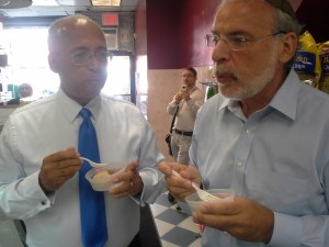 The friends enjoying gefilte fish.