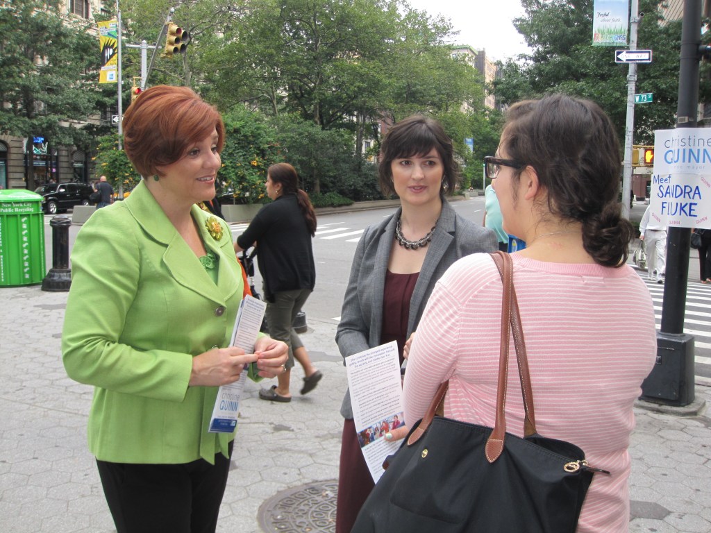 Christine Quinn and Sandra Fluke greeting voters on the Upper West Side this morning.