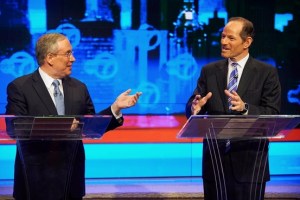 Stringer and Spitzer sparring in the first comptroller debate. 