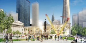 SHoP's rendering for a new Penn Station features Jeff Koons's Train crash sculpture.