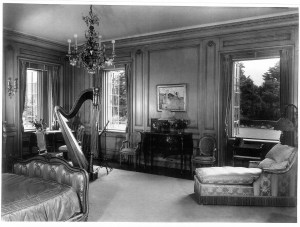Ms. Clark's mother's bedroom at her Santa Barbara estate, with a view of the Pacific, features an ornate pedal harps. Karl Obert, from the book Empty Mansions.
