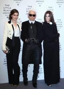 Roitfeld, right, with good friend Karl Lagerfeld, center, and Laetitia Casta.