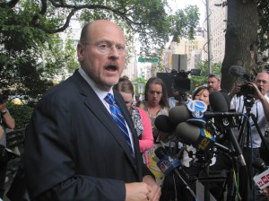 Joe Lhota talks to reporters this afternoon on the Upper East Side.