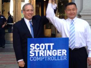 City Comptroller and unsuccessful mayoral candidate John Liu endorses city comptroller candidate Scott Stringer during an event today.