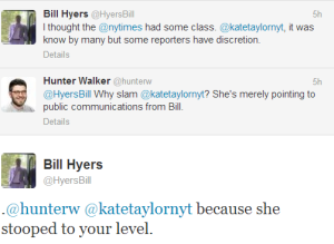 Tweets from Bill de Blasio's campaign manager, Bill Hyers, attacking reporters.