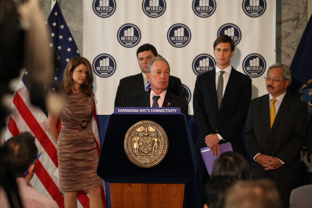 Mayor Bloomberg addresses the crowd at yesterday's presser. (Photo: Celeste Sloman, New York Observer)