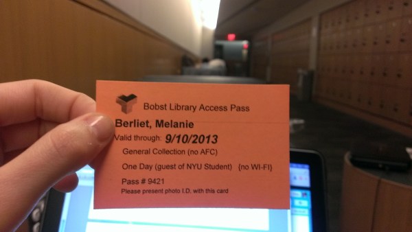 Bobst Library access pass, one of two issued per month to students for outside visitors. (Photo by Mélanie Berliet)