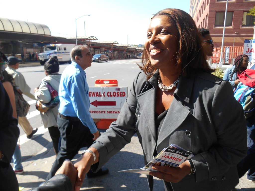Tish James greets voters in Jamaica, Queens today.