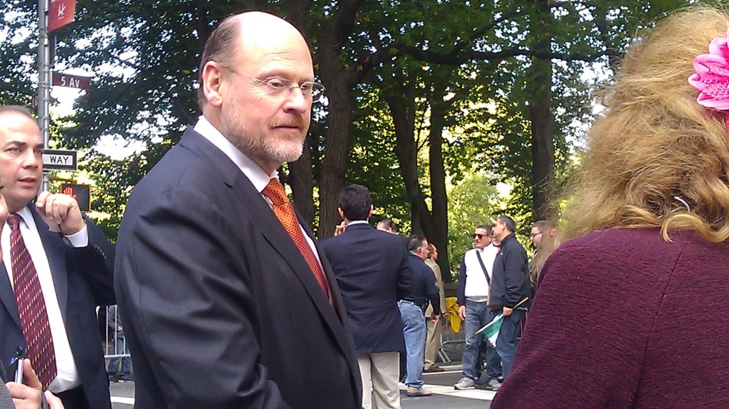 Joe Lhota greets a passerby during the Columbus Day Parade today.