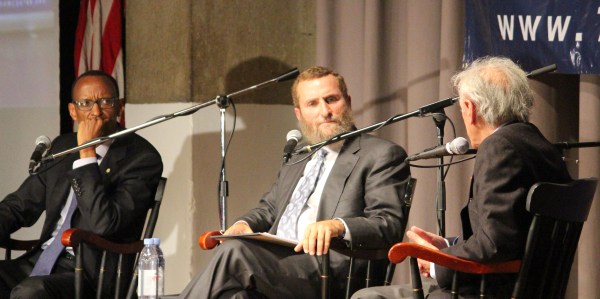 Rwandan President Paul Kagame and Professor Elie Wiesel discuss ending genocide with Rabbi Shmuley Boteach at Cooper Union. (Photo by Brian Walker)
