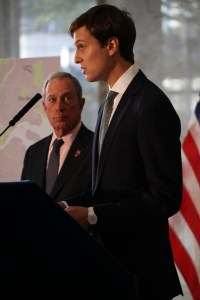 Mayor Michael Bloomberg looks on as NYO Publisher Jared Kushner speaks at yesterday's presser. (Photo: Celeste Sloman, New York Observer)
