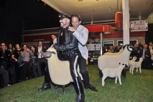 This is art: Michael Shvo and Peter Marino riding a sheep together. (Patrick McMullan)