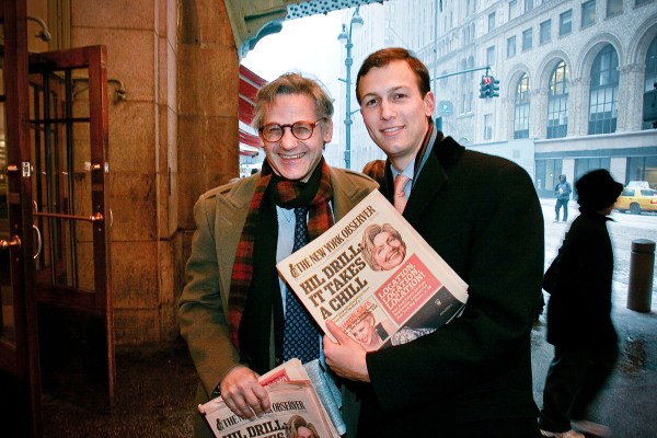 Peter Kaplan and Jared Kushner hawking papers at Grand Central Station the day after the launch of the tabloid format of the Observer, February 2007. (Photo courtesy of The New York Observer)