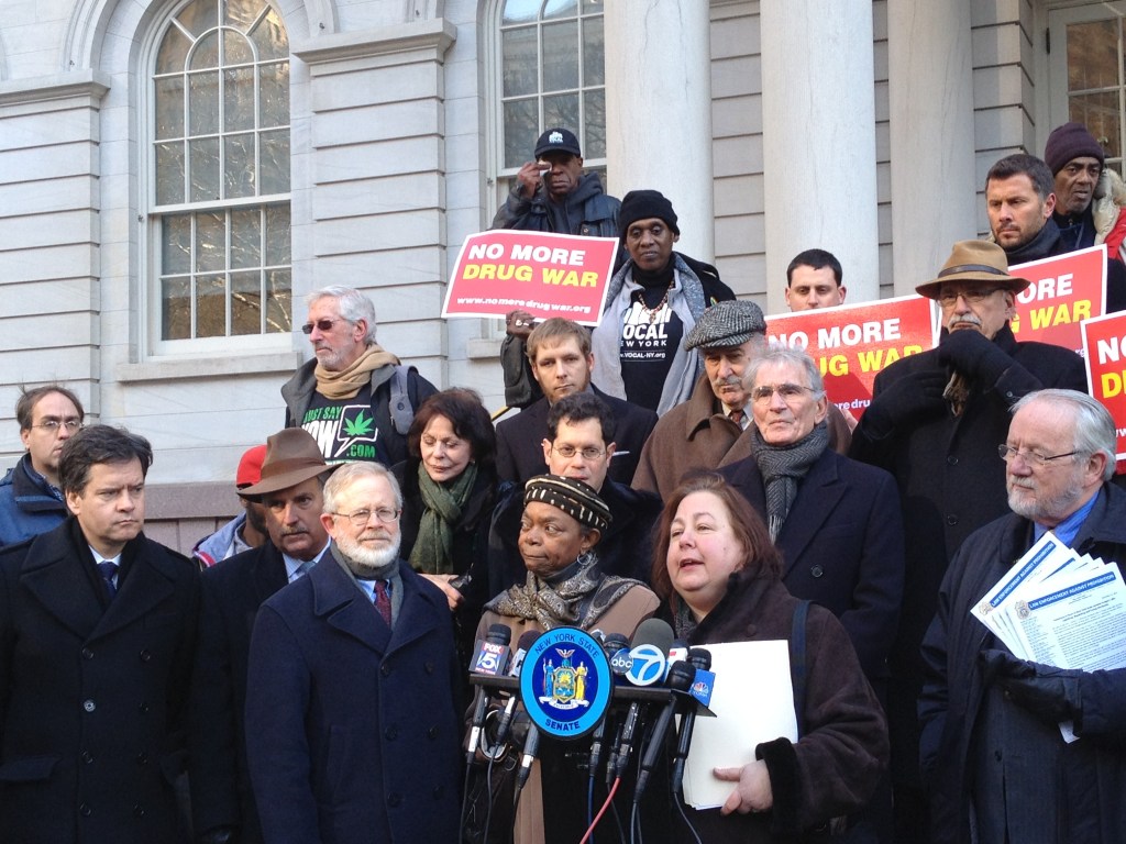 Liz Krueger and the other advocates gathered before City Hall. (Photo: Krueger office)