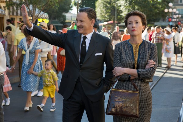 Tom Hanks as Walt Disney and Emme Thompson as P. L. Travers in Saving Mr. Banks.