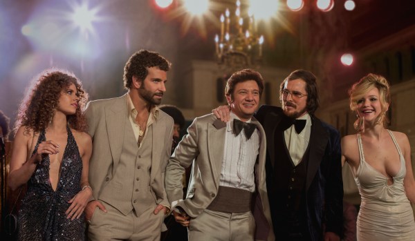 Left to right: Amy Adams, Bradley Cooper, Jeremy Renner, Christian Bale and Jennifer Lawrence in American Hustle.