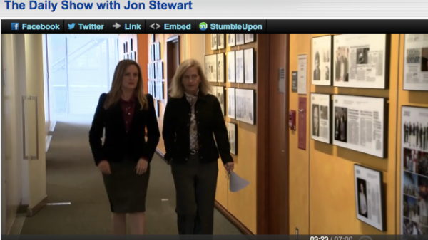 A screenshot of Samantha Bee and New York Times's Gretchen Morgenson on The Daily Show