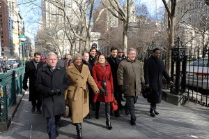 Council members Jimmy Van Bramer (left) and Julissa Ferreras (second from left) march with the eventual Council Speaker Melissa Mark Viverito to City Hall. (Photo: William Alatriste/NYC Council)