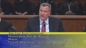 Mayor Bill de Blasio testifies in Albany.