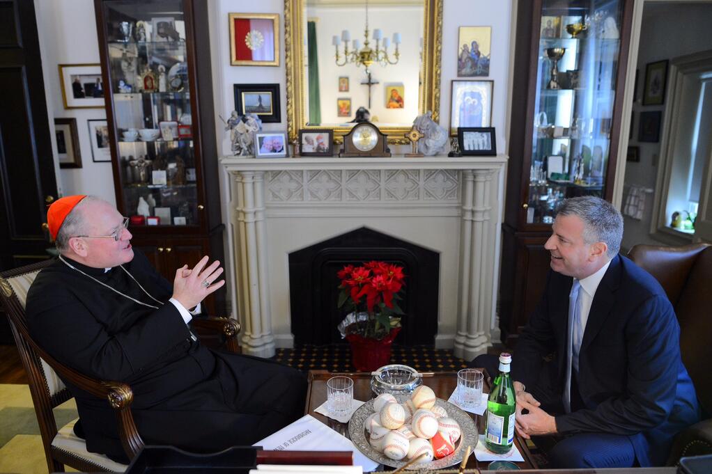 Bill de Blasio and Cardinal Dolan chatting today. (Photo: Twitter/NYC Mayor's Office)
