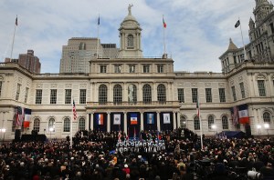 City Hall at today's inauguration event. (Photo: Spencer Platt/Getty)