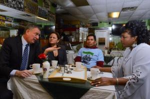 Bill de Blasio and Melissa Mark-Viverito, along with two paid sick day advocates, at the restaurant used for today's event. (Photo: Mayor's office/Twitter)
