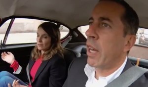 Tina Fey and Jerry Seinfeld in cars, getting coffee. (YouTube)