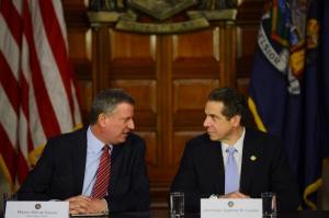 Andrew Cuomo and Bill de Blasio at their joint press conference in Albany. (Photo: Twitter/NYC Mayor's Office)