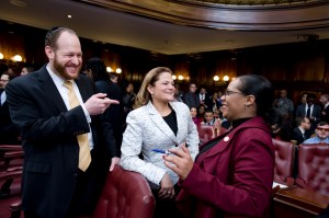 David Greenfield speaks with two of his most influential colleagues: Speaker Melissa Mark Viverito and Finance Committee Chair Julissa Ferreras. (Photo: NYC Council/William Alatriste)