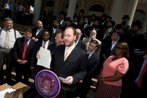 David Greenfield speaking at a press conference calling on Mayor Bloomberg to not cut childcare vouchers--a policy priority in the Orthodox community.